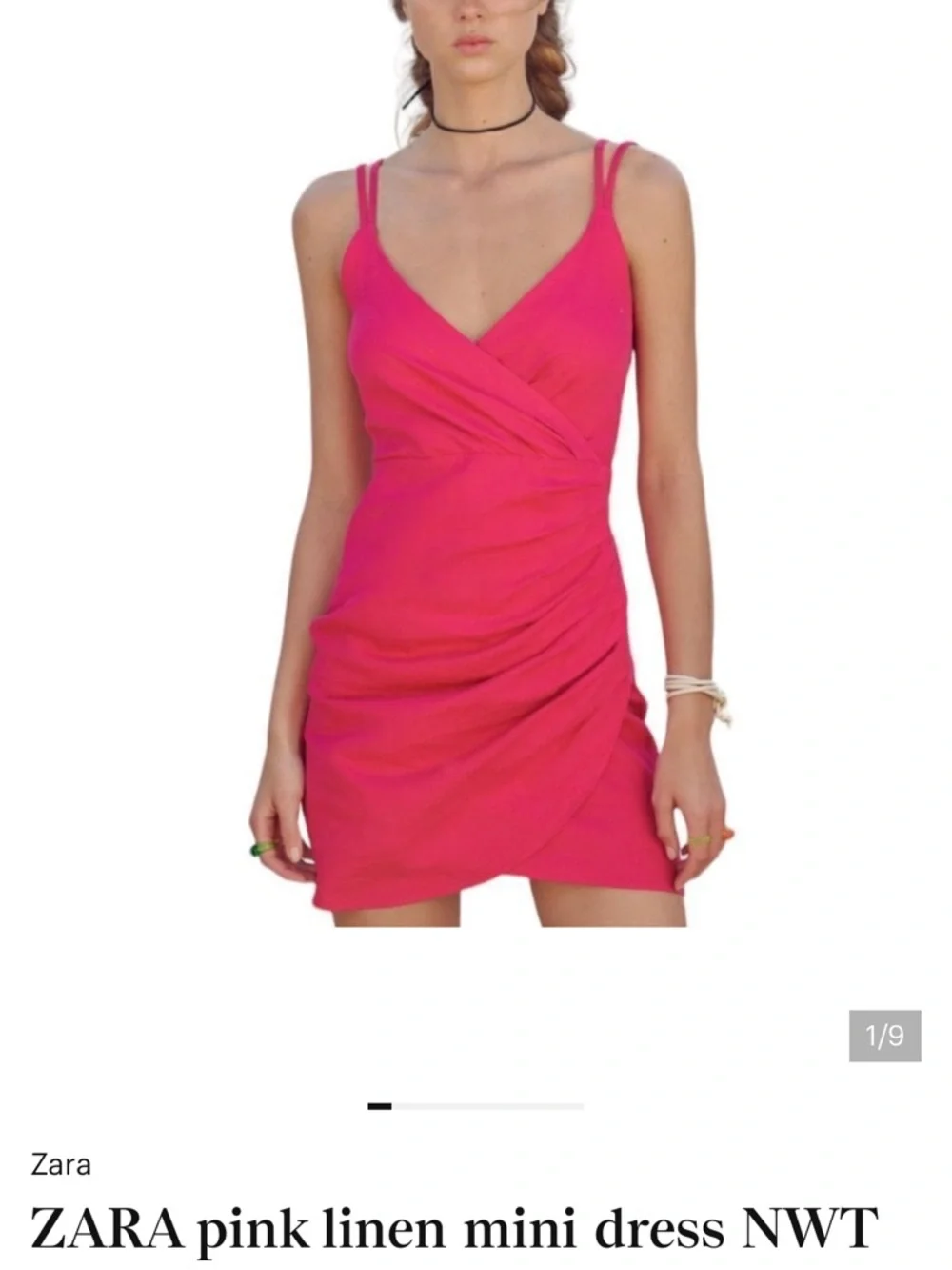Zara Fuchsia Pink Ruched Wrap Mini Dress Linen Blend Strappy V Neck NWT Medium - Picture 15 of 16